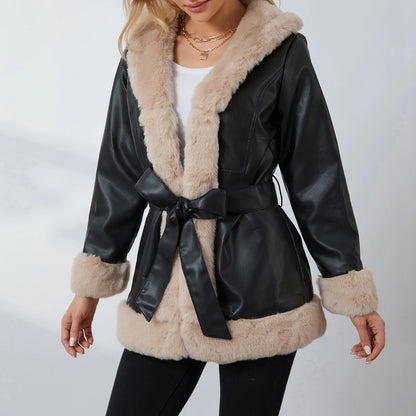 Stylish Women’s Leather Jacket with Plush Collar & Belt.